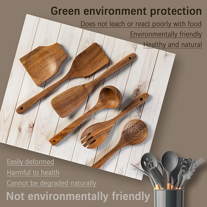 Wooden Spoons for Cooking, Nonstick Cooking Utensil Set with 5 Piece Acacia Wooden Spatulas and Spoons, as well as a Extra Whole Wood Spoon Rest, Terrific for Everyday Kitchen Tasks
