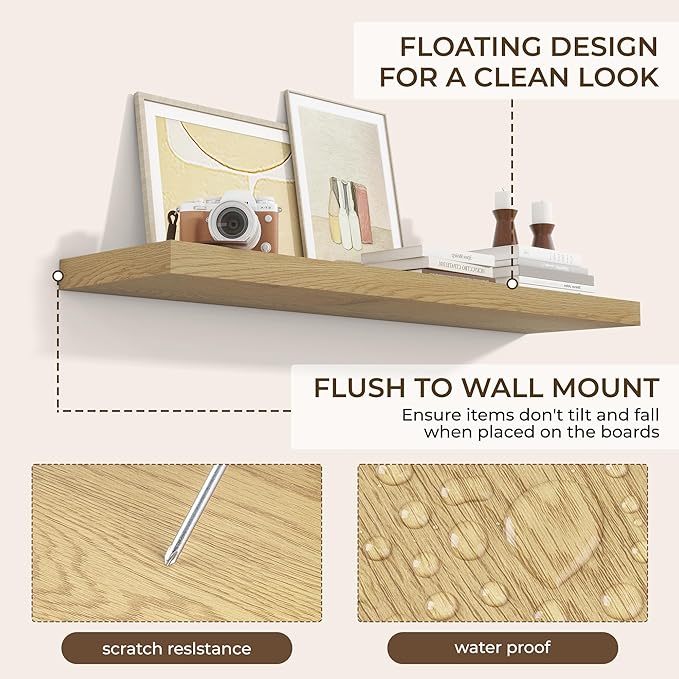 RICHFOCUS 48Inch Floating Shelves for Wall 1 Pack Shelves for Bedroom|Kitchen|Bathroom Wall Mounted Rustic Wood Floating Shelf with Invisible Brackets for Books|Storage|Decor, Oak
