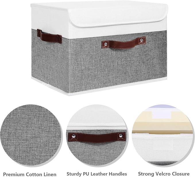 ANMINY Storage Boxes with Lids Washable Decorative Storage Bins Basket with PU Leather Handle Foldable Linen Fabric Storage Cubes Containers for Home Closet Organizer - Gray White, Large Size