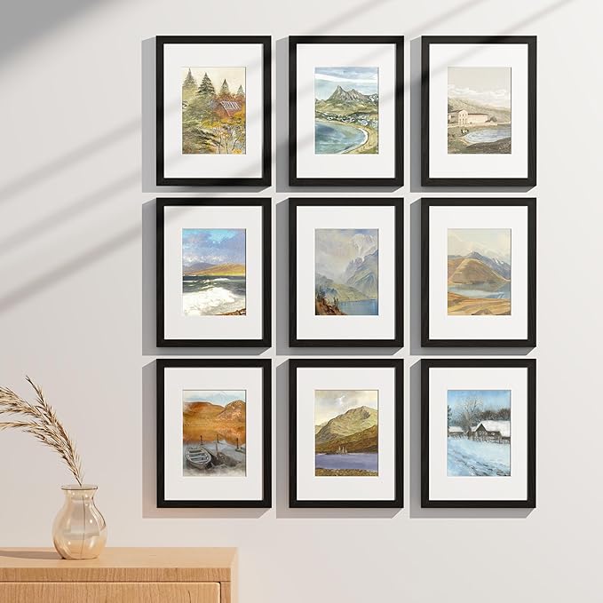 Vittanly 9x12 Picture Frames Set of 9, Shatter Resistant Plexiglass, Display 6x8 Pictures with Mat or 9x12 without Mat, Photo Frames for Wall or Tabletop, Engineered Wood, Black