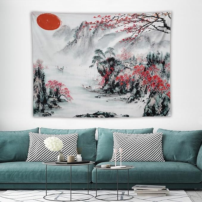 Cherry Blossoms Tapestry,Japanese Red Landscape Asian Watercolor Abstract Art Tapestry, Asian Japanese Wall Tapestry, Nature Landscape Tapestries for Bedroom Living Room Decor 80"x60"