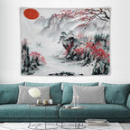 Cherry Blossoms Tapestry,Japanese Red Landscape Asian Watercolor Abstract Art Tapestry, Asian Japanese Wall Tapestry, Nature Landscape Tapestries for Bedroom Living Room Decor 80"x60"