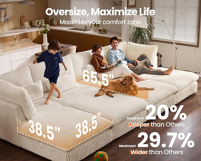 Oversized Modular Sofa, Extra Deep Cloud Corduroy Sectional Couch with Ottoman Chaise, Fluffy Corduroy 2 Seater Sofa Bed for Living Room, Villa (Loveseat Sofa, Corduroy White)