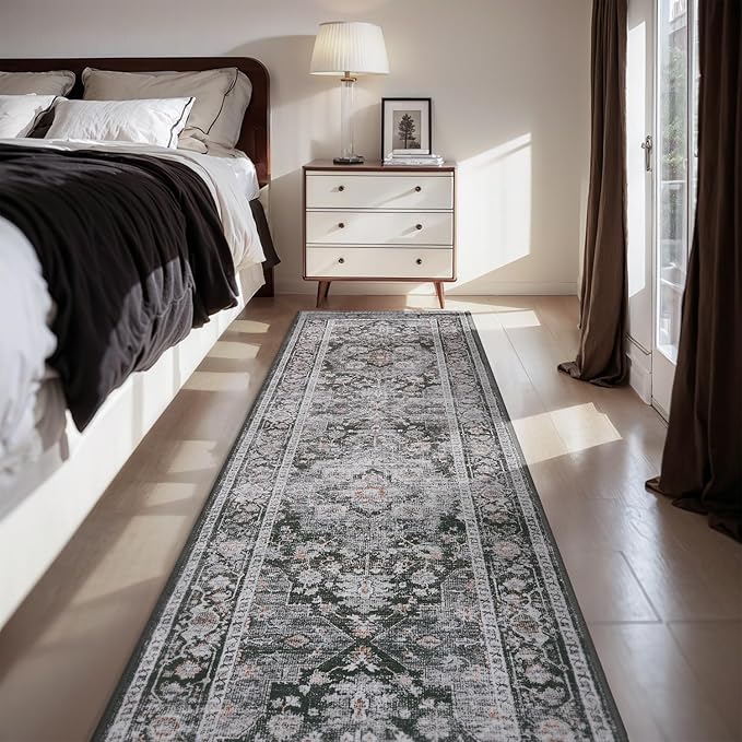 AMOAMI-2X10 Runner Rug-Washable Runners for Hallways-Soft Non Slip Bedside Rugs for Bedroom-Vintage Long Rug for Hallways Entryway Laundry Room Stair Kitchen Bathroom Dark Grey & Black