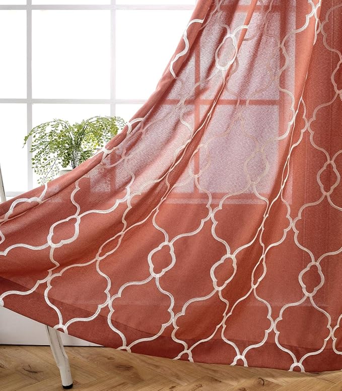 MIUCO Moroccan Embroidery Semi Sheer Curtains Faux Linen Grommet Curtain Panels for Kids Room 52 x 84 Inch 2 Panels, Rust