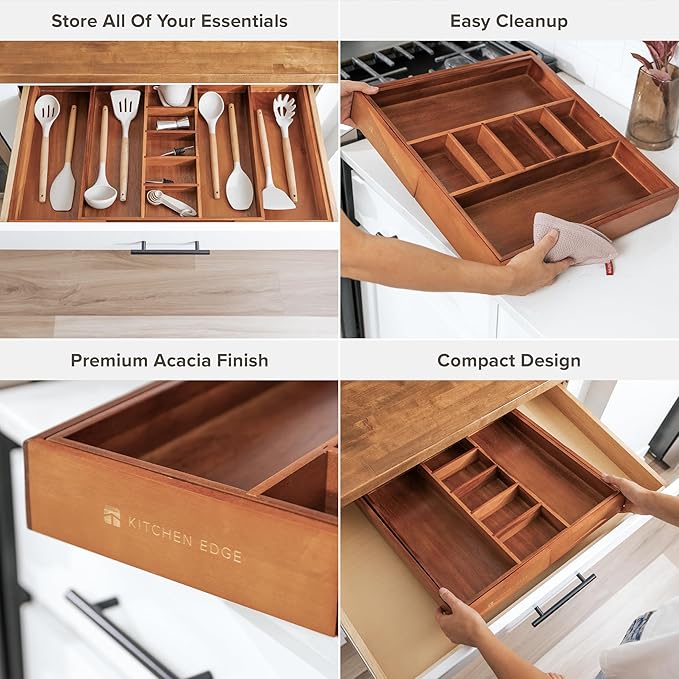 Adjustable Kitchen Drawer Organizer for Utensils and Junk, Food-Safe Contract Grade with 100% Sustainable Wood, Non-Slip, Expandable from 18.5 to 33 Inches Wide - Natural Acacia