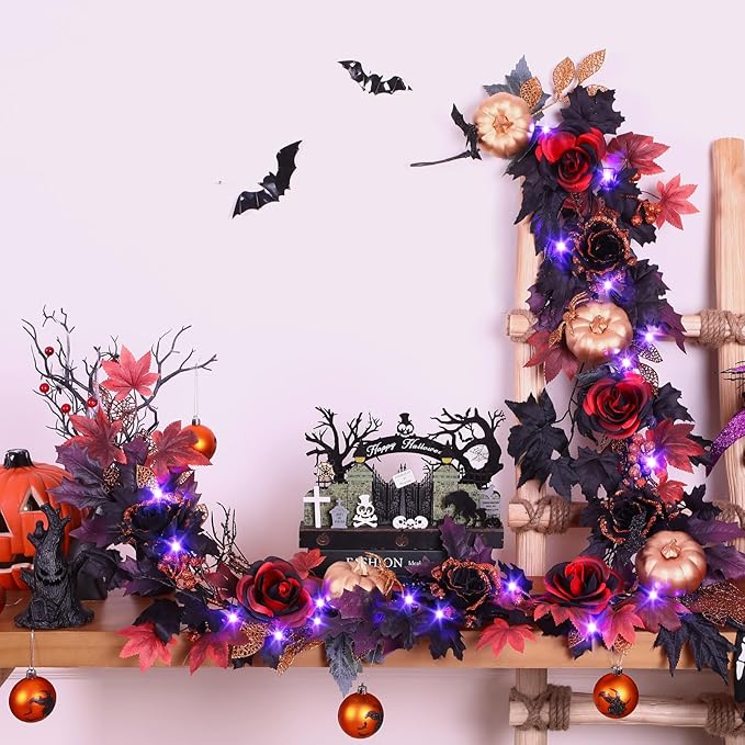 SHareconn 2 Pcs 9FT Halloween Garland with Purple Lights Battery Operated and Timer, Pre-Lit Black Red Maple Leaves Lighted Garland Decorations for Fireplace Mantle Centerpiece Indoor Outdoor Decor