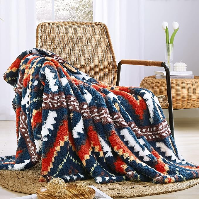 CASAAGUSTO Boho Sherpa Throw Blanket, Aztec King Size Blanket, Ultra Soft, Warm, Cozy, Plush, Thick Fleece Bohemian Throw Blanket for Couch, Bed, Sofa (Navy 108 * 90 Inch)