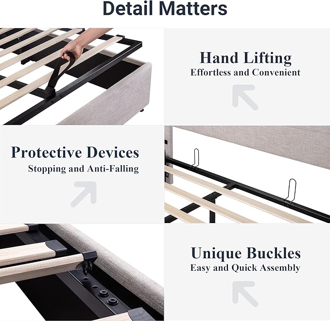 Allewie Queen Size Lift Up Storage Bed, Modern Wingback Headboard, Hydraulic Support, No Box Spring Needed, Light Beige