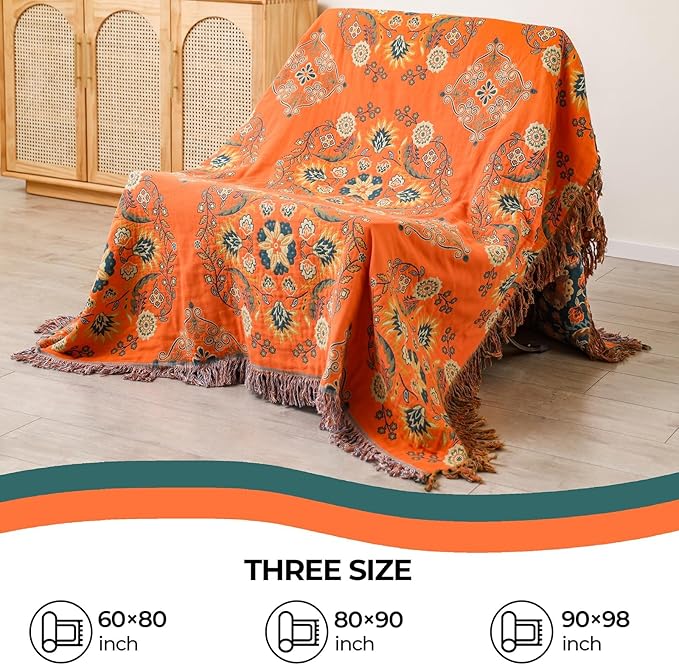 Fall Throw Blanket for Couch Bed Chair,100% Cotton Soft Lightweight Blanket Rustic Quilt -Orange Floral Printed Farmhouse Decor Bed All Season Blankets,60"×80"