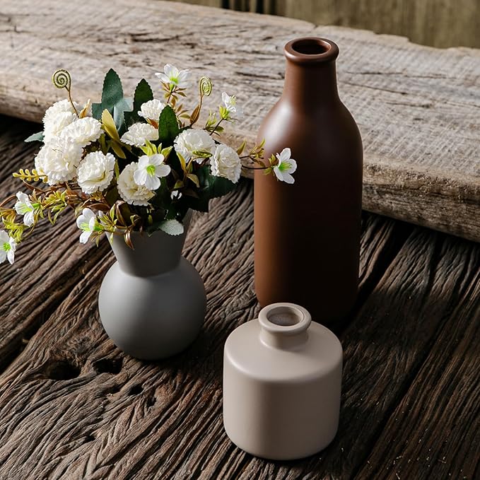 Fake Flowers in Vase for Centerpieces, Faux Flowers in Modern Ceramic Vase Set of 3 with 8 Artificial Autumn Chrysanthemums Home Decor