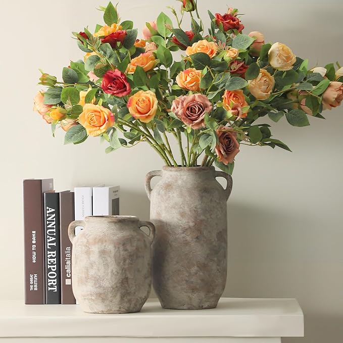 Large Flower Vase Home Decor - 12 inch Tall Ceramic Farmhouse White Rustic Table Vases with Handle Living Room Decoration Decorative Modern for Fireplace Kitchen