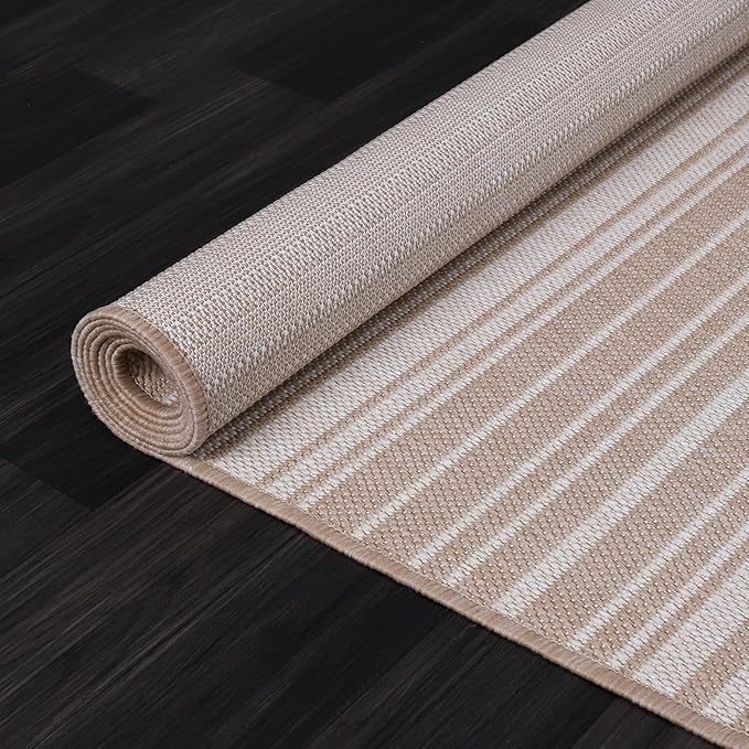 Stripe Outdoor Rug 10x14 Washable Outside Carpet for Indoor Patio Porch Waterproof Easy Cleaning Non Shedding Area Rugs Beige 10 x 14