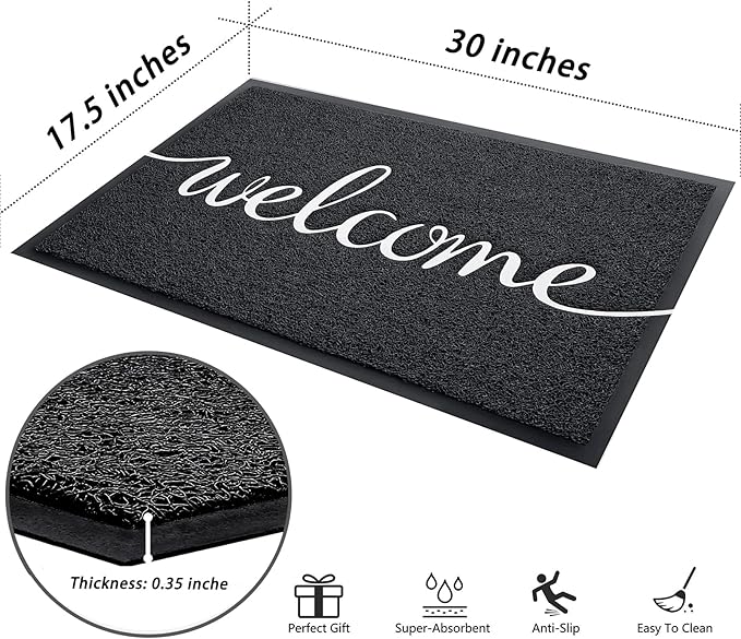 Door mat, Outdoor Indoor Welcome mat, Durable Non-Slip Easy to Clean Front Doormat, Entrance Rectangular Doormat, for high Traffic Areas (30" x 17.5", Black)