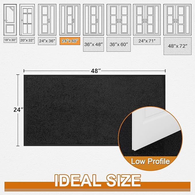 Mibao Dirt Trapper Door Mat for Indoor Outdoor, Waterproof All-Season, All-Weather Doormat, Heavy Duty Non-Slip Entrance Rug, Low Profile Absorbent Entrance Mat Carpet, 48" x 24", Black