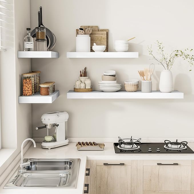 White Floating Shelves for Wall, 24 Inch X 12 Deep Shelves for Room Wall Mounted，2" Thick Heavy Duty Holds 55lbs Floating Shelf for Bedroom Bathroom Kitchen Laundry Room, Set of 2