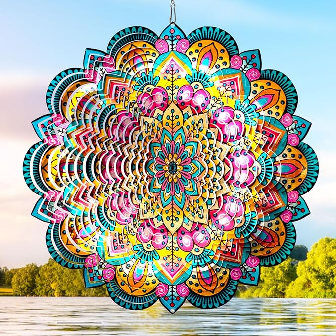 Wind Spinners Outdoor Mandala Lucky Star,Laser Cut Metal Kinetic Art Wind Spinner Gift for Christmas,12In Stainless Steel Hanging Yard&Garden 3D Wind Sculpture Decorations Indoor Spinners