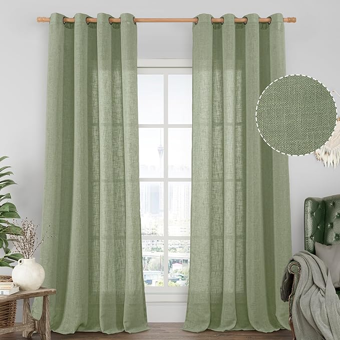 LAMIT Linen Curtains 108 Inches Long for Living Room, Bronze Grommet Linen Textured Sheer Curtains Light Filtering Drapes for Boho Farmhouse, 2 Panels, 52 x 108 Inch, Sage Green