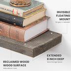 Floating Shelves, 8 Inch Deep Rustic Solid Reclaimed Wood Wall Shelves for Storage, Wall Mounted Display Shelving with Invisible Heavy-Duty Metal Bracket, 30 Inch Width Set of 2, Grey