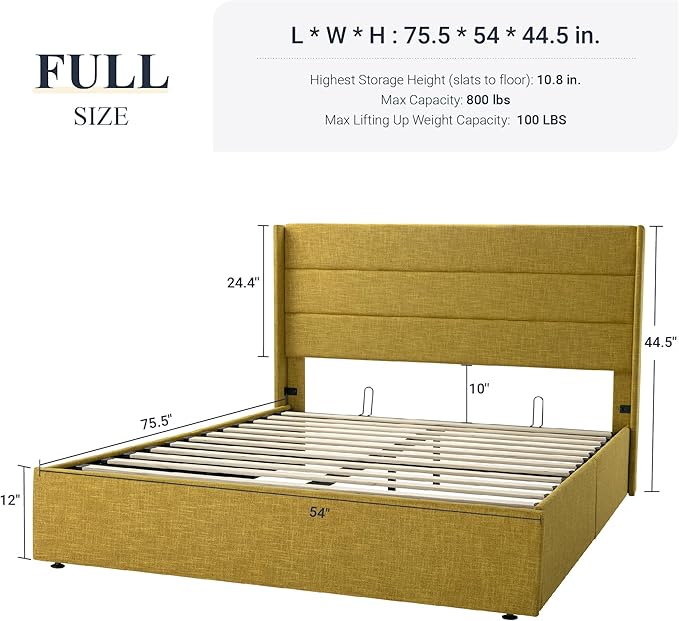 Allewie Full Size Lift Up Storage Bed, Modern Wingback Headboard, Hydraulic Support, No Box Spring Needed, Olive Yellow