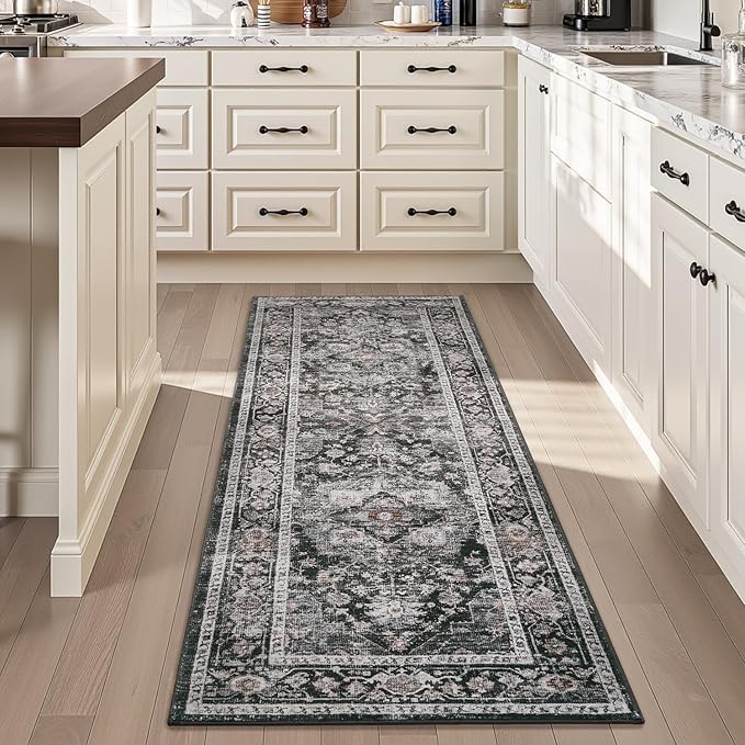 AMOAMI-2X6 Runner Rug-Washable Runners for Hallways-Soft Non Slip Bedside Rugs for Bedroom-Vintage Long Rug for Hallways Entryway Laundry Room Stair Kitchen Bathroom Dark Grey & Black