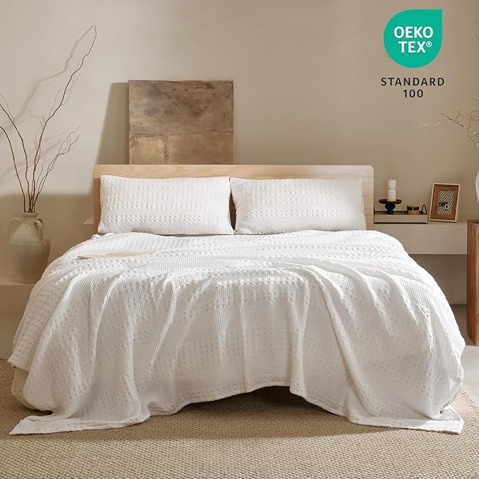 PHF 100% Cotton Waffle Weave Blanket Queen Size, Soft Lightweight Breathable Cozy Summer Blankets for Bed, Luxury Aesthetic Woven Bedding for Home Decor, 90"x90", White