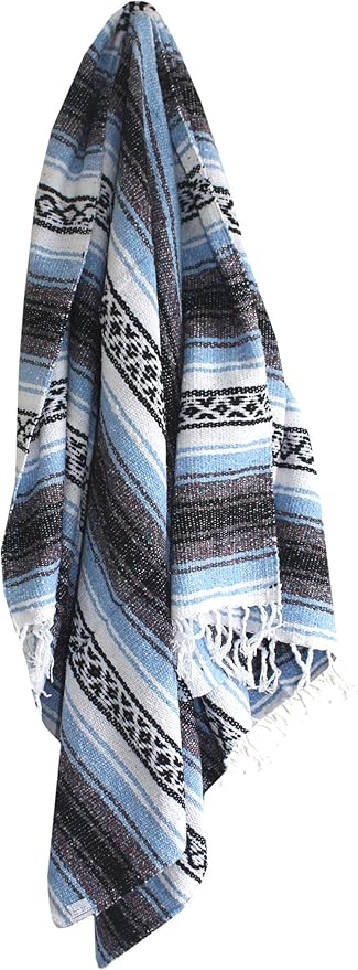 Del Mex Classic Mexican Blanket, Large Authentic Woven Falsa Throw (70"x50"), Artisan Southwest Décor for Beach, Yoga, Outdoors (Light Blue)
