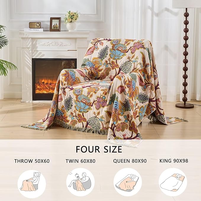 100% Muslin Throw Blanket for Couch, Butterfly and Floral Double Embroidery Fall Throw Blanket 60"x80" for Sofa, Chair, Woven Cotton Reversible Mexican Blanket