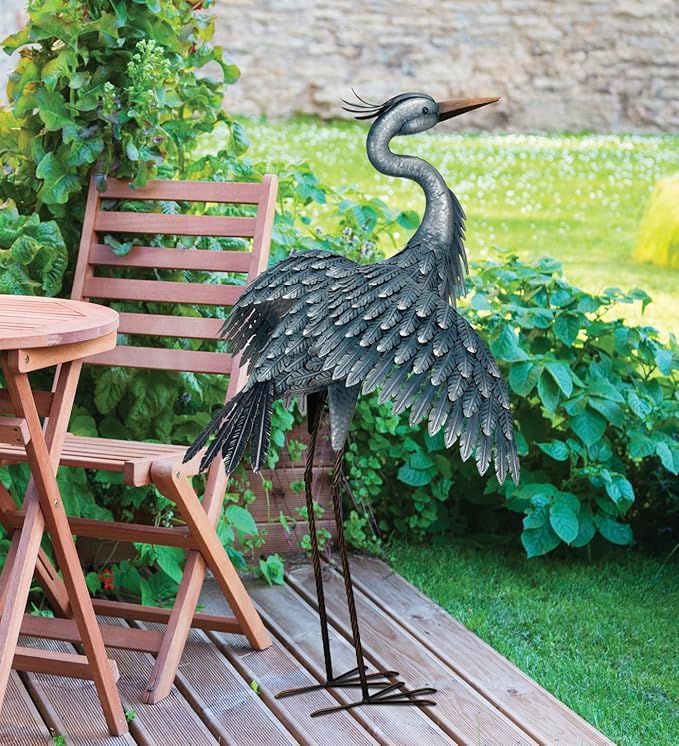 Regal Art & Gift Outdoor Garden Décor, Unique Bird Sculpture, Rustic Metal Bird Statues, Garden Ornaments, Bird Figurine for Lawn, Decorative Sculpture, Heron, Blue, Wings Down, 41"height