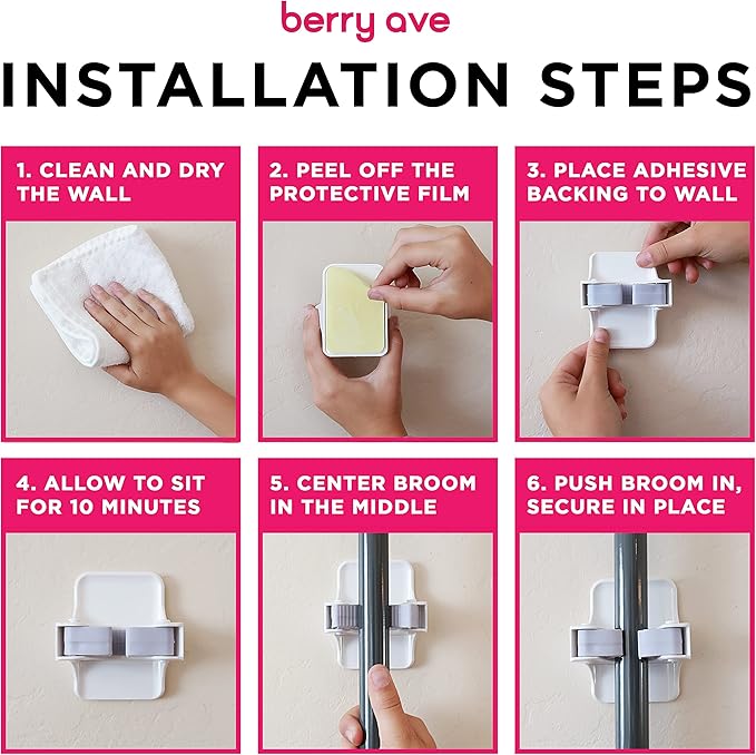 Combo 5 Slot Broom Holder w/ 1 Self Adhesive Mop Gripper No-Drilling, Wall Mount Tool Organizers For Kitchen, Garage, Laundry Room- Anti-Slip Hanger For Brooms, Mops, Rakes, Dustpans (Grey / White)
