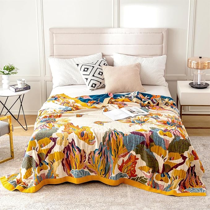 MSGKV Boho Throw Blanket 60''x80'',100% Cotton Blankets for Couch Bed,Cotton Quilt Travel Muslin Blankets Farmhouse Home Decor Soft Lightweight Picnic Blanket