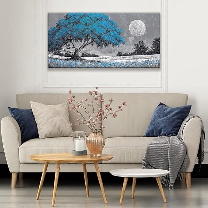TAIJXAGSG Wall Art For Living Room Blue Tree Moon Canvas Art Wall Decor Artwork Print Painting 20" X 40" Canvas Picture For Bedroom Decor Modern Salon Kitchen Office Hang A Picture