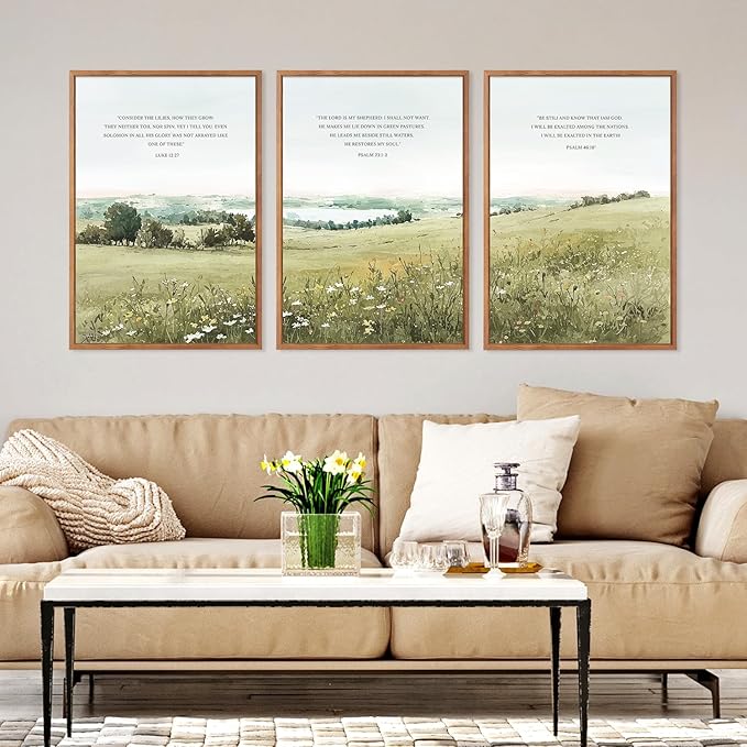 KAIRNE Scripture Christian Canvas Wall Art,Bible Verse Prints Set of 3(16”X24”),Modern Scripture Floral Wall Decor,Framed Green Countryside Field Paintings for Living Room Bedroom Ding Room Decor