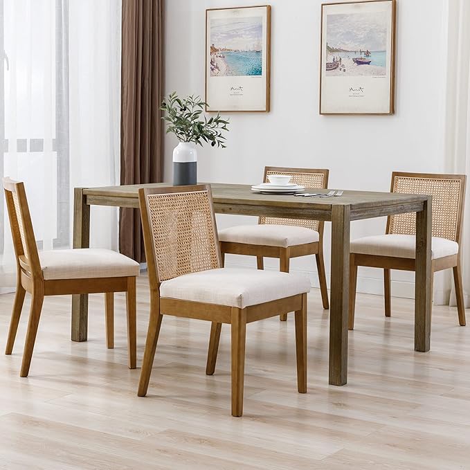 VESCASA Upholstered Dining Chairs with Square Rattan Back, Armless Padded Linen Cushion Dining Chairs with Wood Legs for Dining Room, Kitchen, Set of 4, Natural Frame