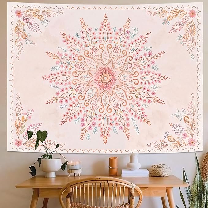 Lunerfex Floral Mandala Tapestry Boho Tapestry for Bedroom Pink Tapestries Wall Hanging Living Room Wall Art and Home Decor 70x90