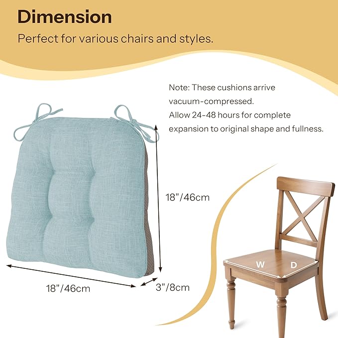 Non Slip Chair Cushions for Dining Chairs Set of 4 Kitchen Chair Cushions 18"x18"x3" Turfted Chair Pads Comfortable and Soft Seat Cushion with Ties, Aqua Blue