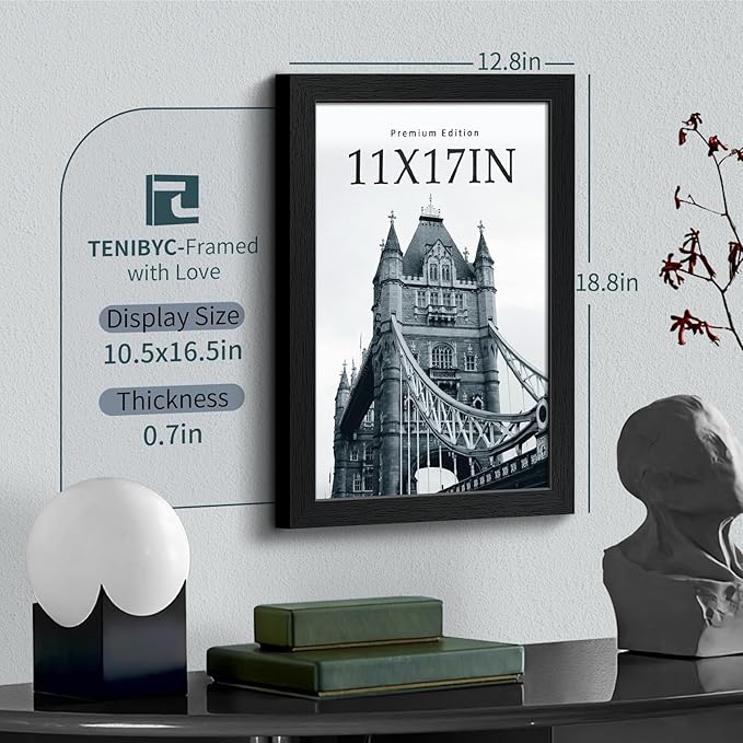 11x17 Picture Frame 3 Pack - Black Woodgrain, Solid Wood & HD Tempered Glass, Wall Gallery Poster Frame