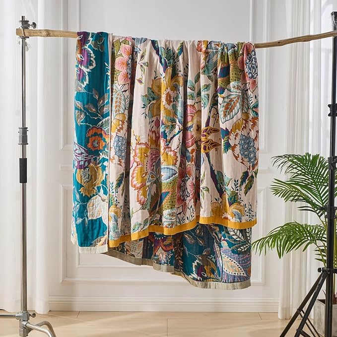 Ultra Soft Lightweight Cotton Quilts,Cozy Summer Boho Throw Blankets,Lightweight Reversible Muslin Blanket Decor Blankets for Armchair Travel, 80"x90" Large Muslin Mexican Throw Blanket