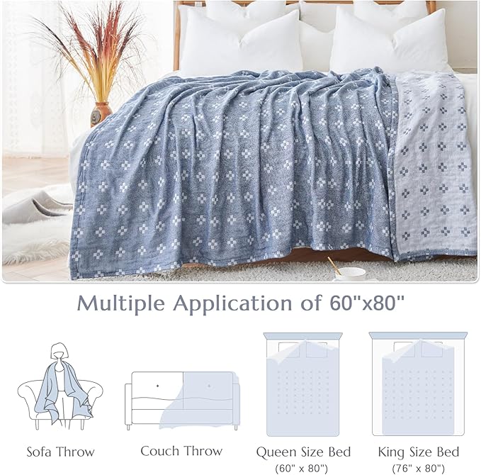 jinchan Boho 100% Cotton Blanket Muslin Lightweight Twin Size Quilted Throw Blanket for Couch Soft Cozy All Season Blanket 3-Layer Floral Throw Cotton Blanket for Bedroom Decor Blue 60x80 Inches
