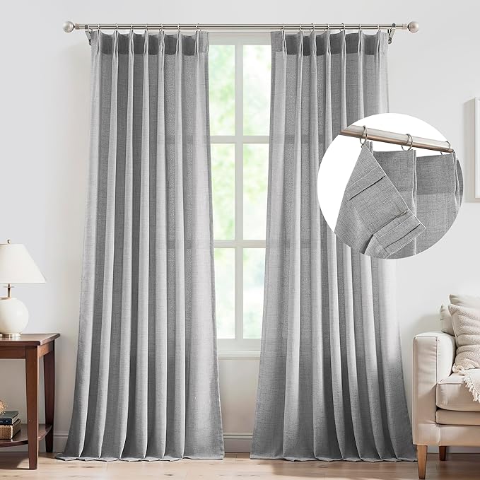 FMFUNCTEX Pinch Pleated Curtains 96 Inches Long for Living Room, Dove Grey Semi Sheer Faux Linen Textured Pleat Drapes for Bedroom with Hooks, Light Filtering Farmhouse Window Drapes 2 Panels
