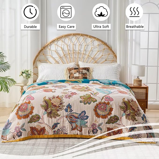Fall Boho Throw Blanket for Bed, Muslin Reversible Blanket Washable Breathable,100% Cotton Lightweight 4-Layer King Size Throw Blanket for Bed,90"x98"