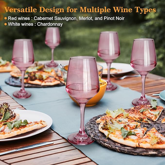 Pink Wine Glasses Set of 6-14oz Pink Long Stem Wine Glass, Pretty Crystal Glassware, Hand Blown Goblets Drinkware, Unique Stemware Wine Glass Holiday Gift Set for Women