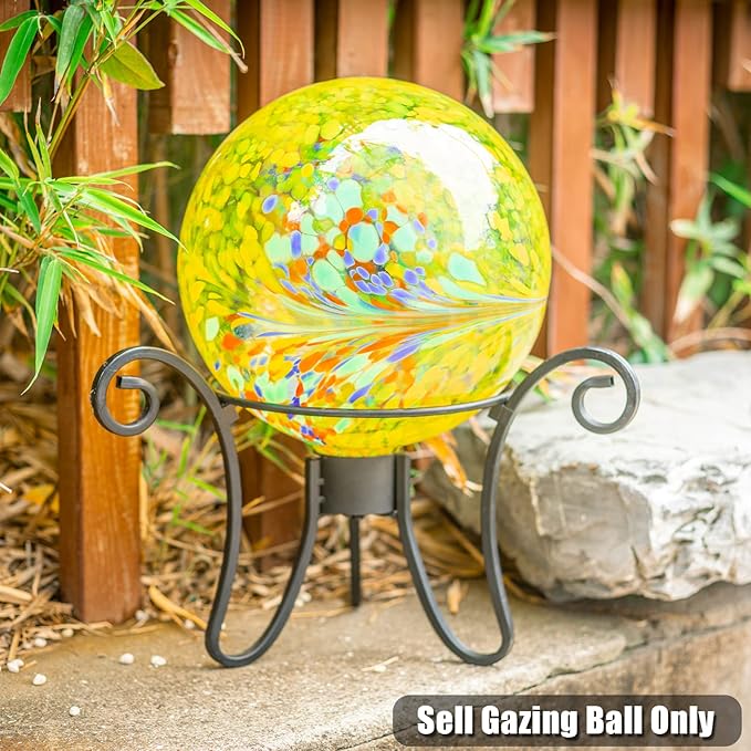 VCUTEKA Gazing Ball, Glass Gazing Balls Sphere for Garden Lawn Outdoor Ornament Yard Decorative, Yellow Swirl, 10"