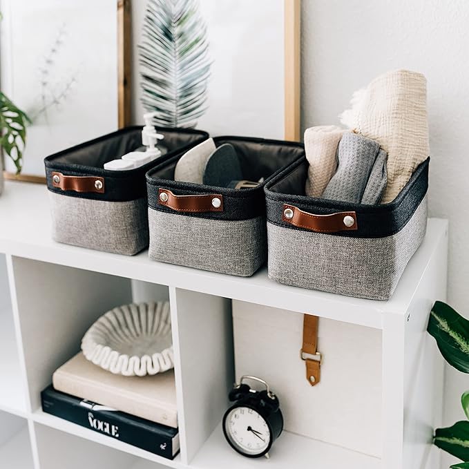 OrganiHaus Small Fabric Storage Baskets for Shelves 3 Pack, 12x8in Closet Storage Bins for Shelves, Cloth Baskets for Organizing, Linen Closet Organizers, Fabric Basket, Gray/Black