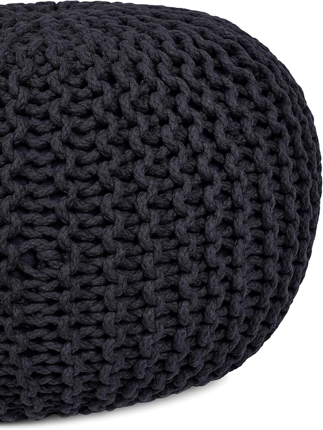 BIRDROCK HOME Round Pouf Ottoman | Cotton Braided Foot Stool with Bean Bag Filling | Boho Foot Rest for Living Room & Bedroom | Compact & Comfortable Seating, Lightweight & Soft | Charcoal