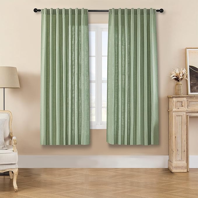Joydeco Sage Green Curtains - 72 Inch Long, 2 Panel Set, Semi Sheer Linen Farmhouse Curtains for Living Room & Bedroom Windows