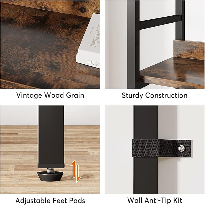 Tribesigns 5-Tier Industrial Bookshelf, 71”H x 47”W Etagere Bookcase, Freestanding Double Wide Book Shelf for Storage and Display, Wood and Metal Bookshelves for Living Room Home Office, Rustic Brown