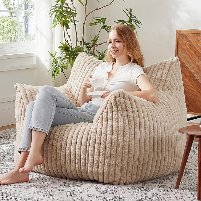 Giant Bean Bag Chairs for Adults with Filling Plush Fluffy Bean Bag Chairs for Teens with Armrests Comfy BeanBag Lazy Couch Sofa Chair for Bedroom Living Room Reading