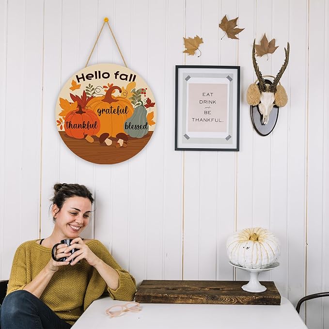 Fall Decorations for Home - Welcome Sign for Front Door,Rustic Round Wood Wreaths for Outdoor,Maple Leaves Garland Porch Decor for Thanksgiving Friendsgiving - Fall Decor for Room Kitchen Wall