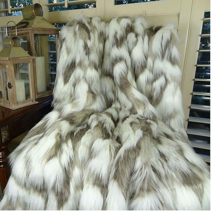 Ivory Beige Luxury Faux Fur Throw Blanket - Tibet Fox Fur - 90W x 90L